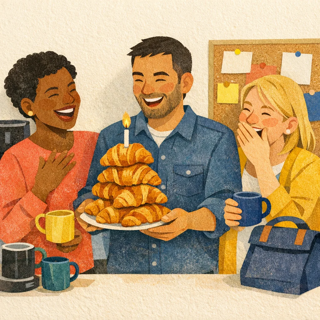 Collègues fictifs apportant une tour de croissants pendant une pause café