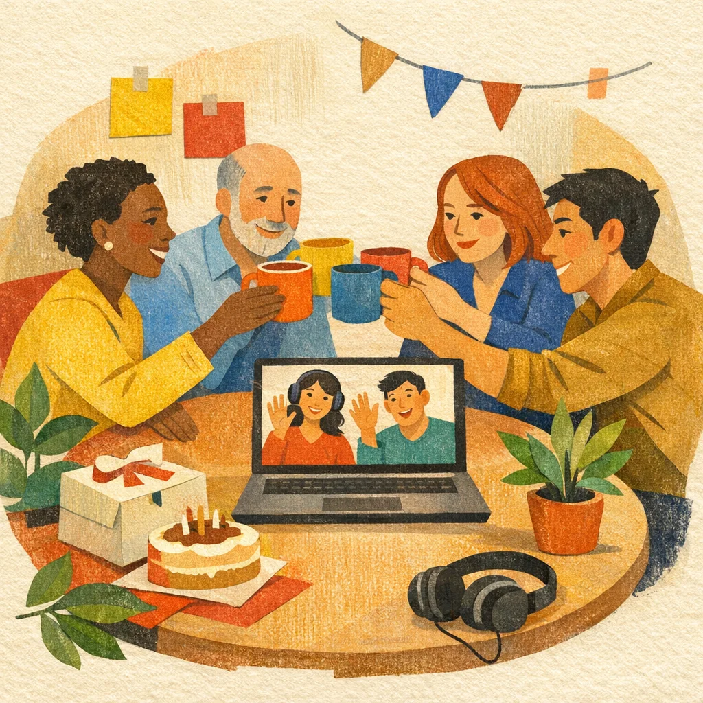 Équipe hybride fictive portant un toast avec deux collègues à distance