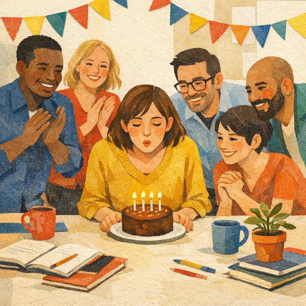 Équipe fictive réunie autour du gâteau d’anniversaire de Camille au bureau