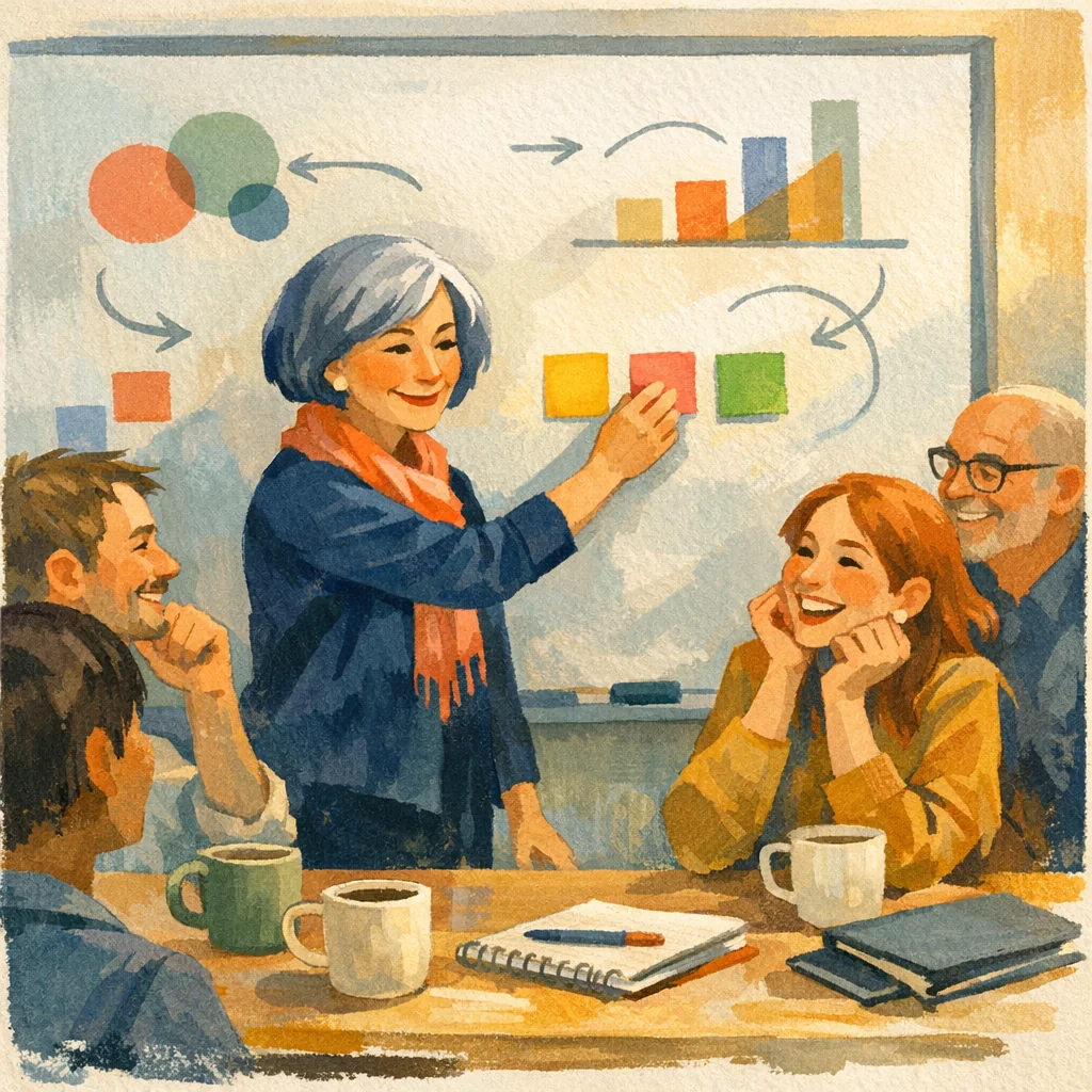 Fictional teammates solving a launch problem together with three sticky notes