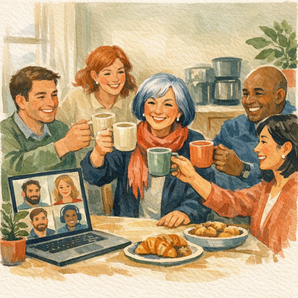 Équipe hybride fictive portant un toast avec des collègues à distance à l’écran