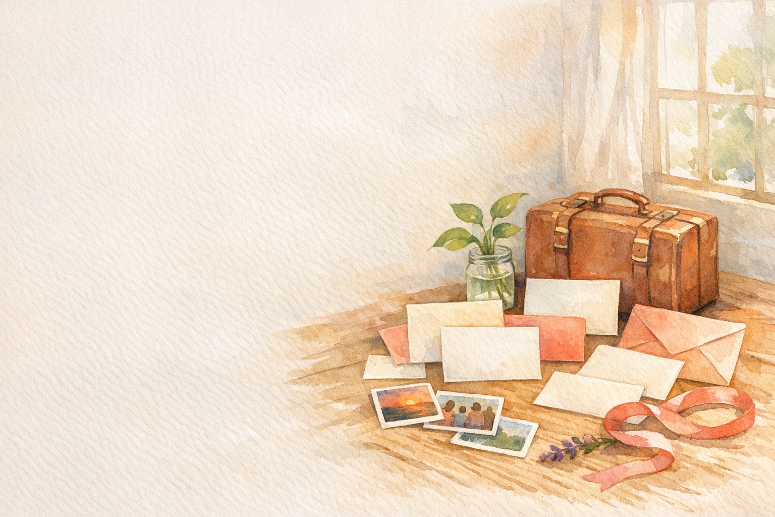 Watercolor farewell scene with an open collaborative card, blank message notes, photos, a suitcase, and a plant on a desk