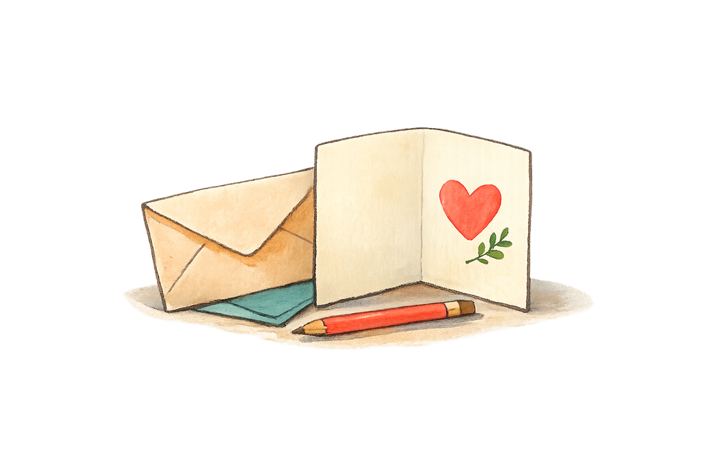 Open group card with a heart, envelope, and pencil