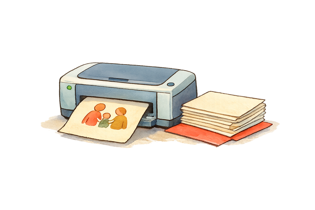 Desktop printer producing a finished group card