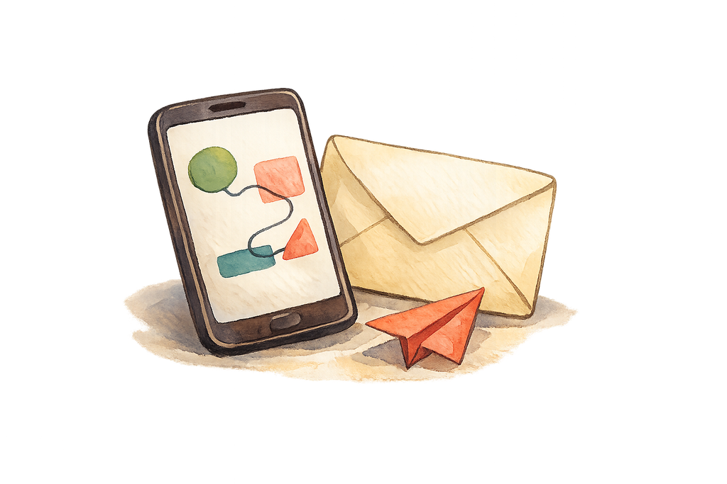 Phone, envelope, and paper airplane for sharing an invitation