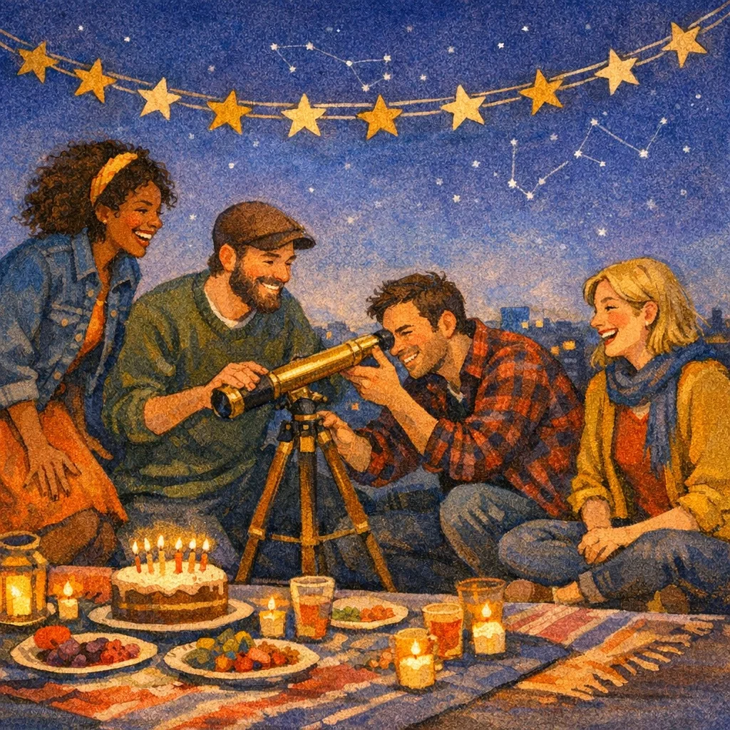 Fictional friends sharing a telescope at a rooftop birthday gathering