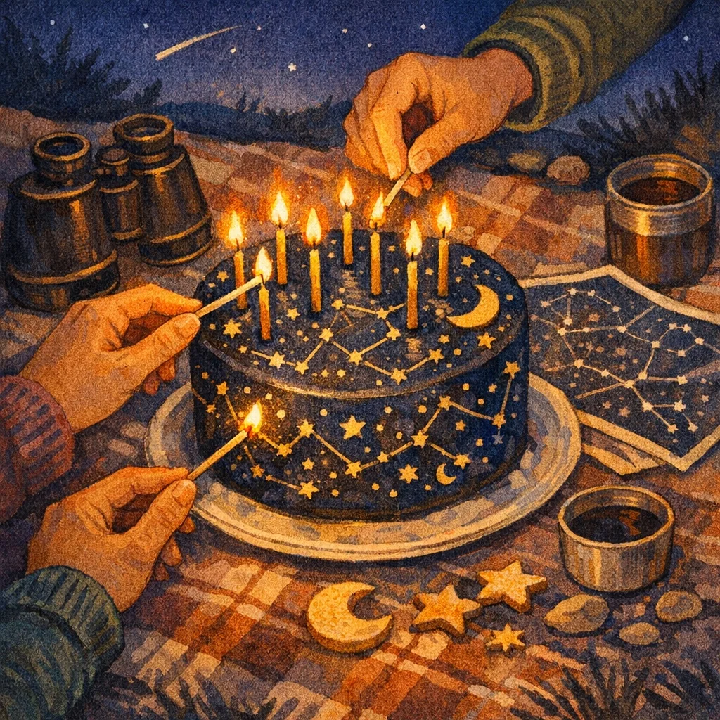 Gâteau d’anniversaire fictif décoré de constellations, entouré de bougies et de cartes du ciel