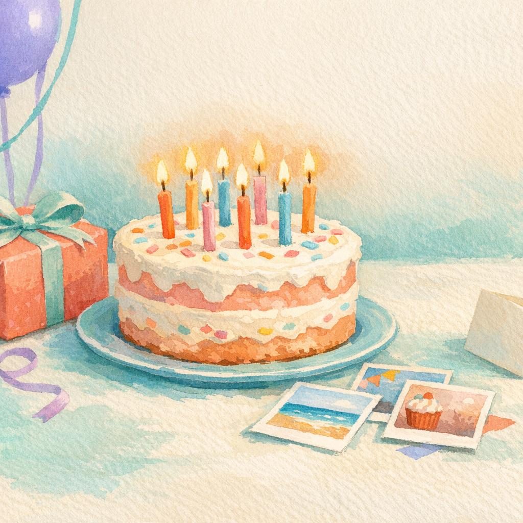 Illustrated birthday card with cake, candles, gift, and small photos