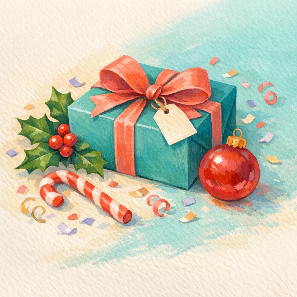Illustrated Christmas group card with gift, holly, and ornament
