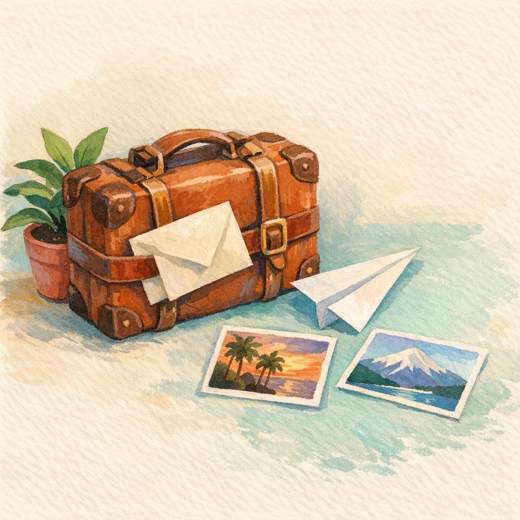Illustrated farewell group card with suitcase, plant, and photos