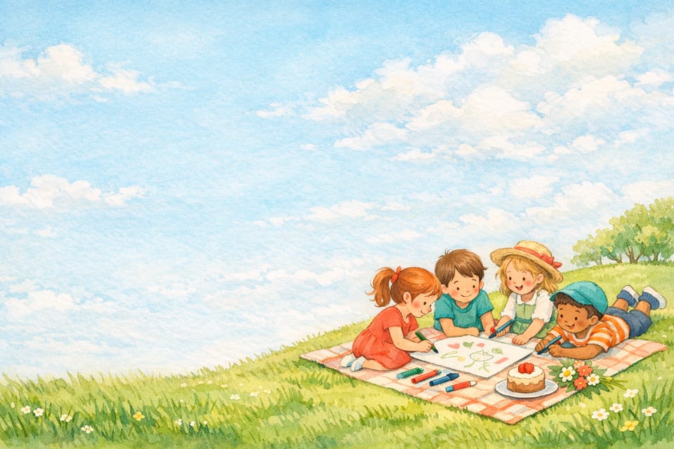 Watercolor illustration of friends having a picnic on a grassy hill and making a collaborative group card under a spring sky with clouds