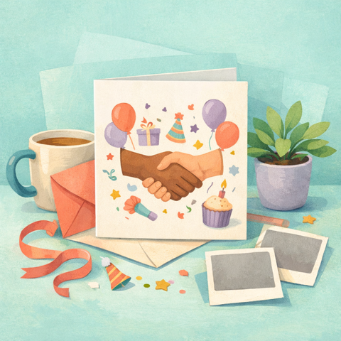 Illustrated coworkers signing a shared team card at a table