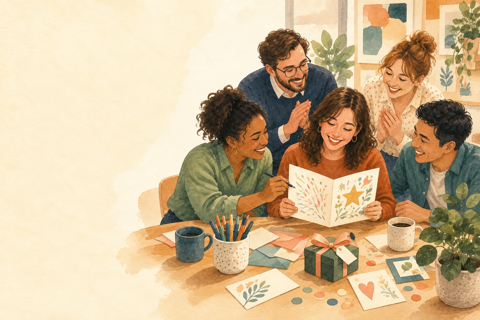 Illustration aquarelle de collègues réunis autour d’une carte de félicitations pour une promotion