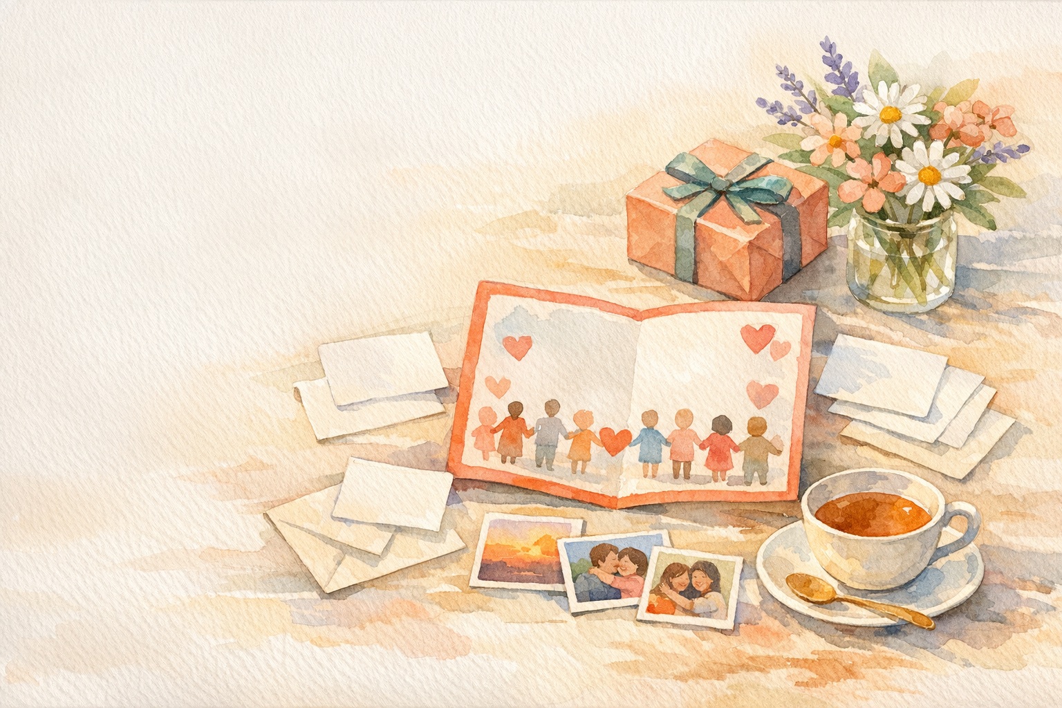 Watercolor thank-you scene with an open collaborative card, blank message notes, photos, flowers, a gift, and an envelope